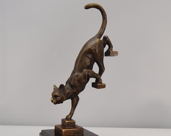 Cat Walking Down the Stairs, Bronze Sculpture on Marble Base, Signed Figurine