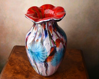 Amazing Glass Vase, Blue Vase with Red Wave Edge in Murano Style, Venetian Glass Flower Pot, Elegant Gift Idea fro Mother, Italian Art