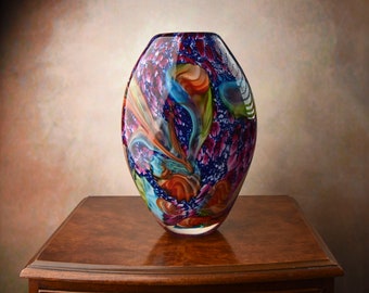 Colorful Murano-Style Rainbow Glass Vase - Large Elliptical Italian Art Glass, Exquisite Gift, Statement Piece for Home Decor