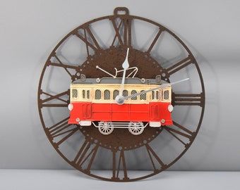 Wall Clock with 3D Red Tram Model, Cool Wall Decor, Old school Metal Model, Collector Item, Gift Idea