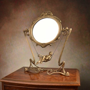 Round Mirror in Art Nouveau Style, Polished Bronze Frame with Gold Finish, Art Deco Style Mirror with Figurine of Woman on Swing, Home Decor