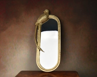 Art Deco Golden Oval Mirror with Bird Sculpture - Elegant Wall Decor