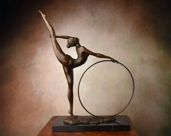 Bronze Gymnast with Hoop: Large, Signed Sculpture of Acrobat in Splits on Marble Base - Ideal Gift for Gymnasts