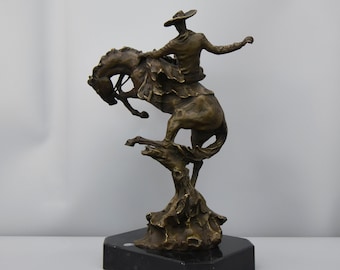 Limited Bronze! Rodeo Rider on Horse, Bronze Sculpture on Marble Base, Cowboy and Bucking Horse Statue, Western Figurine acc. H.Remington,