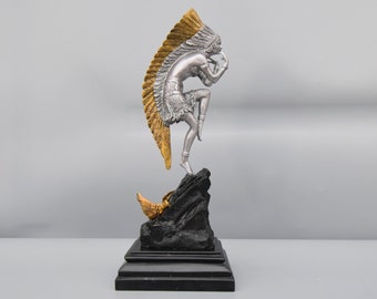 Dancing Indian Woman in Long Gold Plume, Bronze Sculpture on Marble Base with Silver Finish, Gift Idea, Home and Office Decor