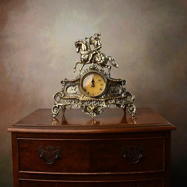 Brass Table Clock with Man on Horse, Exclusive Richly Decorated Fireplace Clock, Elegant Gift Idea, Free Standing Clock