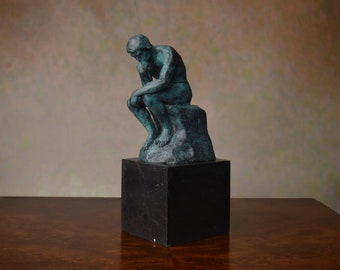 Thinker, Auguste Rodin, Bronze Sculpture on Marble Base, Green Patina, Vintage Figurine, Signed Statue, Gift