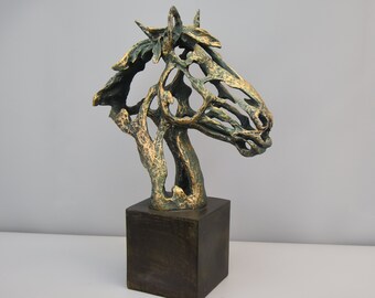 Horse Bust Sculpture, Horse Head Statue, Modernist Figurine on base, gift idea for horse lover, black and brown with gold