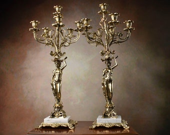 Luxurious Brass Candelabras Set - Five-Branch Design Figural Woman Sculpture - Grand Candle Holders for Five Candles - Elevate Your Decor