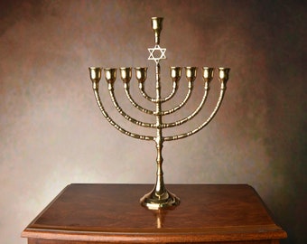 Brass Hanukkah Candle Holder, David's Nine-branched Candelabrum, Jewish Candlestick, Golden Candle Holder for Nine Candles, Judaica Gift