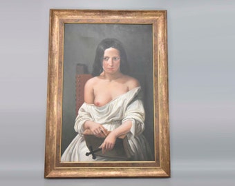 Grande et belle peinture de femme, peinture à l'huile dans un cadre doré, peinture sur toile, peinture à l'huile vintage, décoration murale, femme en chemise de nuit