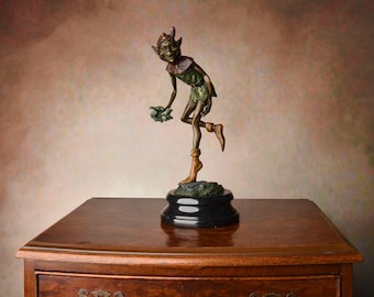 Bronze Sculpture depicting Gnome with Snails on Marble Base, Funny Hand-Painted Pixy Figurine, Perfect for Home Decor or Garden Decoration