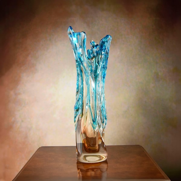 Incroyable vase bleu transparent, grand pot de fleurs de style Murano, verre vénitien fabriqué à la main, idée cadeau, verre italien lourd et massif et épais