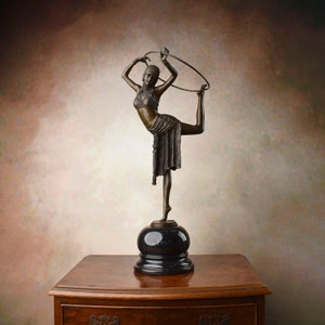 Stunning Art Deco Chiparus Dancer Figurine Large Bronze Cabaret Dancer with Hoop Sculpture Elegant Dance Trophy on Marble Base Vintage Decor