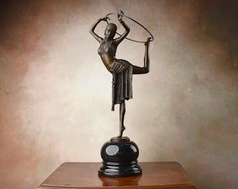 Stunning Art Deco Chiparus Dancer Figurine Large Bronze Cabaret Dancer with Hoop Sculpture Elegant Dance Trophy on Marble Base Vintage Decor