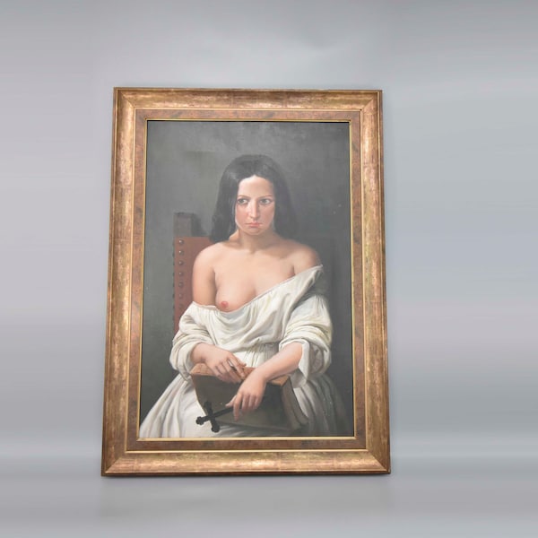 Large and Beautiful Painting of Woman, Oil Painting in Golden Frame, Canvas Painting, Vintage Oil Painting, Wall Decor, Woman in Nightgown