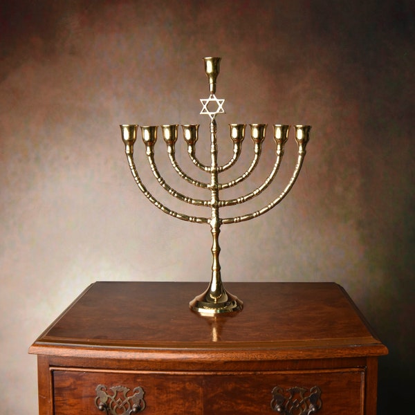Brass Hanukkah Candle Holder, David's Nine-branched Candelabrum, Jewish Candlestick, Golden Candle Holder for Nine Candles, Judaica Gift