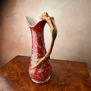 Porcelain Wine Jug with Bronze Handle, Ewer with Mermaid, Floral Ornaments, Art Nouveau Style, red, home decor, gift idea