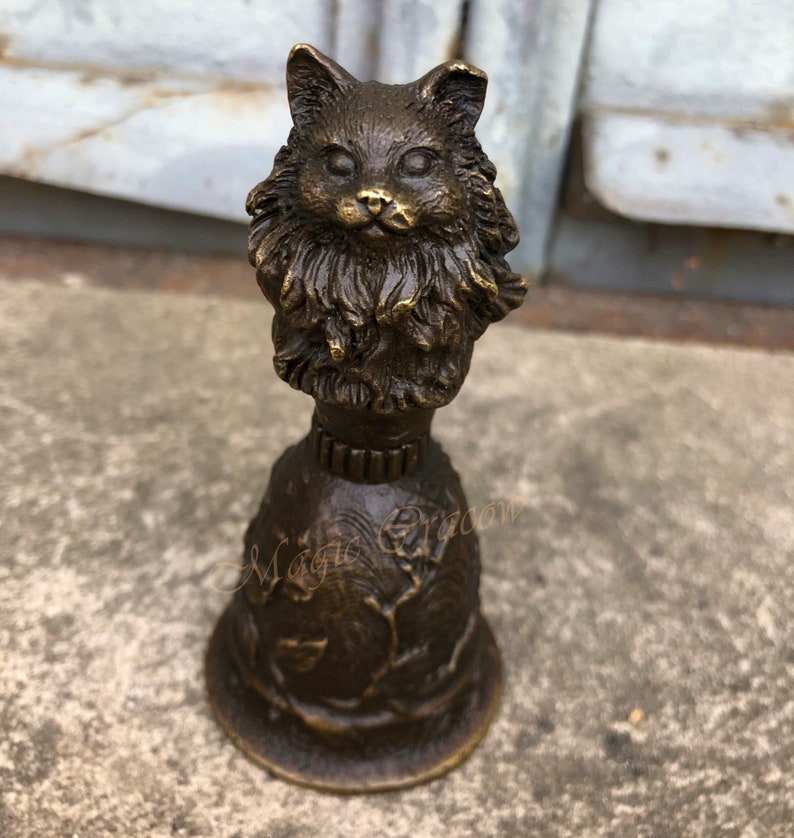 Vintage Bell Bronze Figurine Reception Bell with Cat Head Hotel Bronze Bell Cat Bell