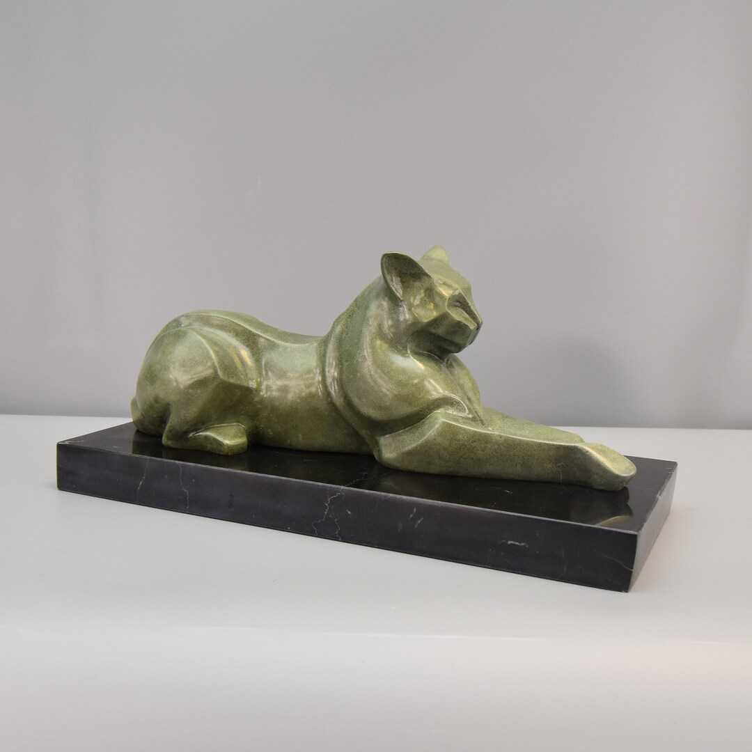 Limited Bronze Reclining Cat, Big Bronze Sculpture on Marble Base