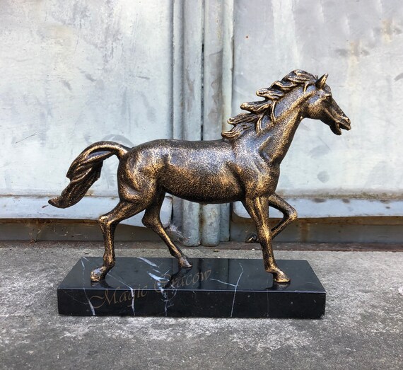 Horse Wild Steed Cast Iron Sculpture On Marble Base Gift Etsy