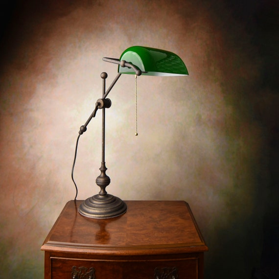 Banker Lamp, Adjustable Height, Vintage, Art Deco Lamp, Green