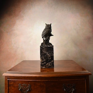 Owl Bronze Sculpture on Black Marble Base, Vintage Figurine, Wisdom Symbol, Foundry Mark, Gift Idea