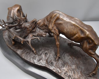 Amazing Limited Bronze Sculpture of Two Fighting Stags, Vintage Figurine on Marble Base, Two Deers, Hunters Gift Idea