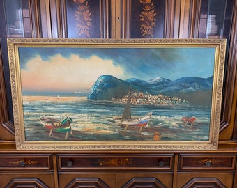 Large Oil Painting in Golden Frame, Boats and Sea, Sailing Theme, Vintage Oil Painting, Victorian Style