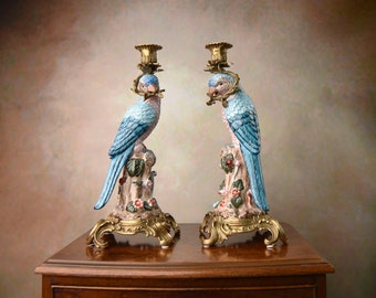 Exquisite Blue Parrots Candleholders Set: Porcelain and Bronze, Antique Home Decor