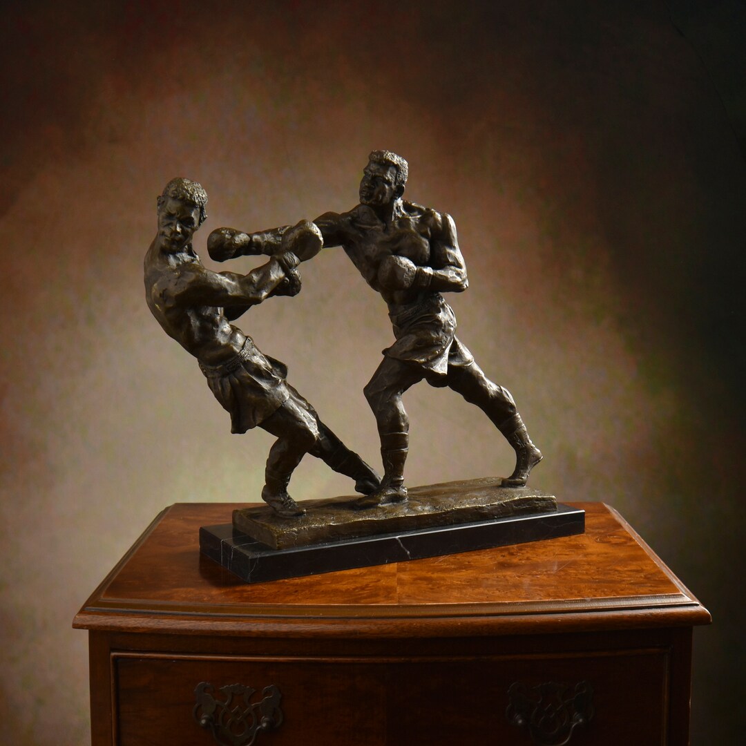 Amazing Bronze Sculpture Fighting Boxers, Figure on Marble Base