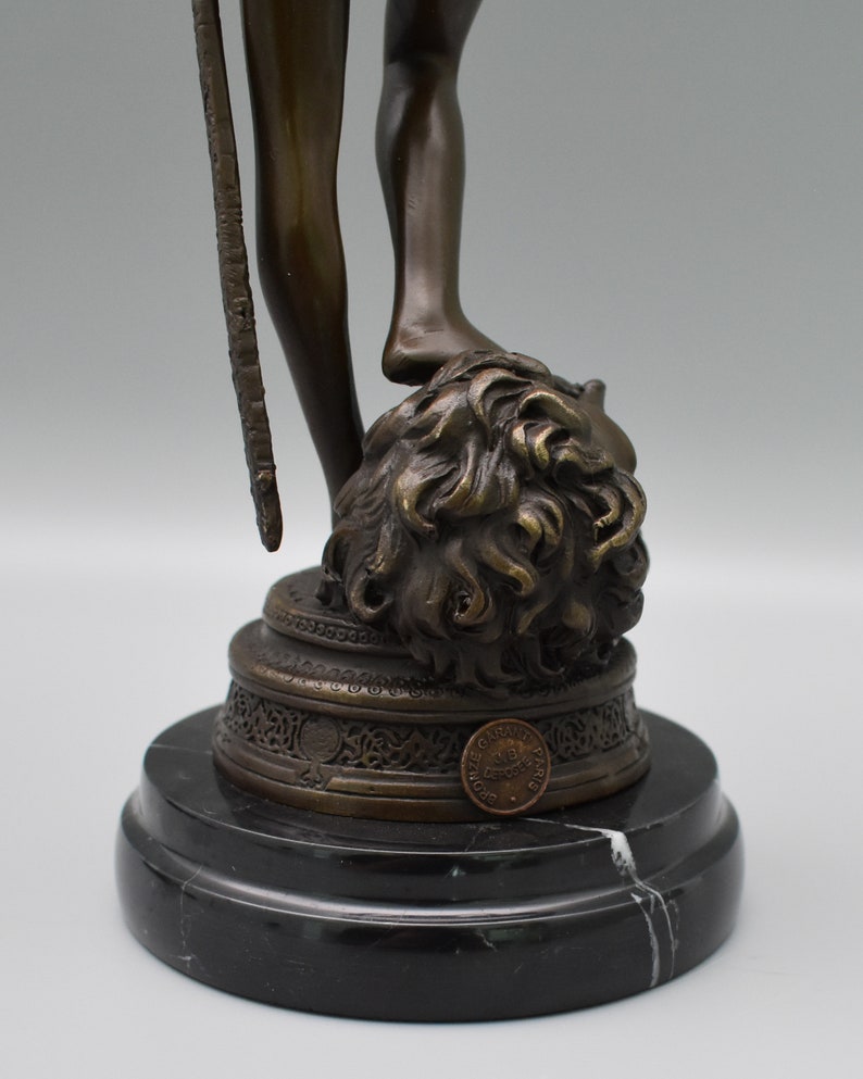 Vintage Figurine Gift Idea Bronze Sculpture on Marble Base David/'s Victory over the Goliath