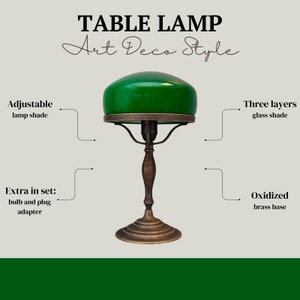 Vintage Art Deco Style Lamp with Emerald Glass Shade Sophisticated Accent for Desk, Office, or Bedside Table image 3