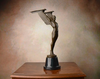 Art Deco Icarus: Large, Vintage Bronze Sculpture on Marble Base with Foundry Mark - A Mythological Masterpiece