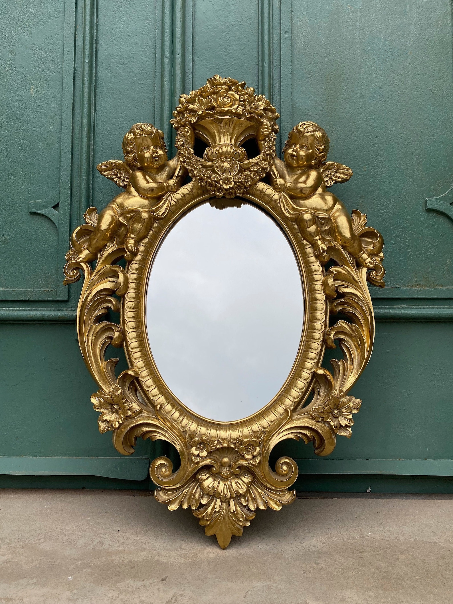 Oval Mirror in Golden Frame With Angels and Floral Motifs Art Etsy