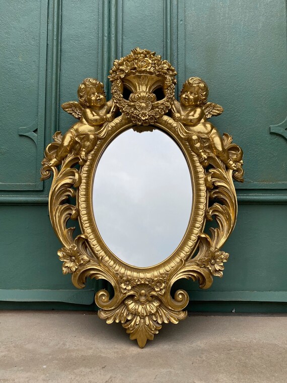 Oval Mirror in Golden Frame With Angels and Floral Motifs Art Etsy