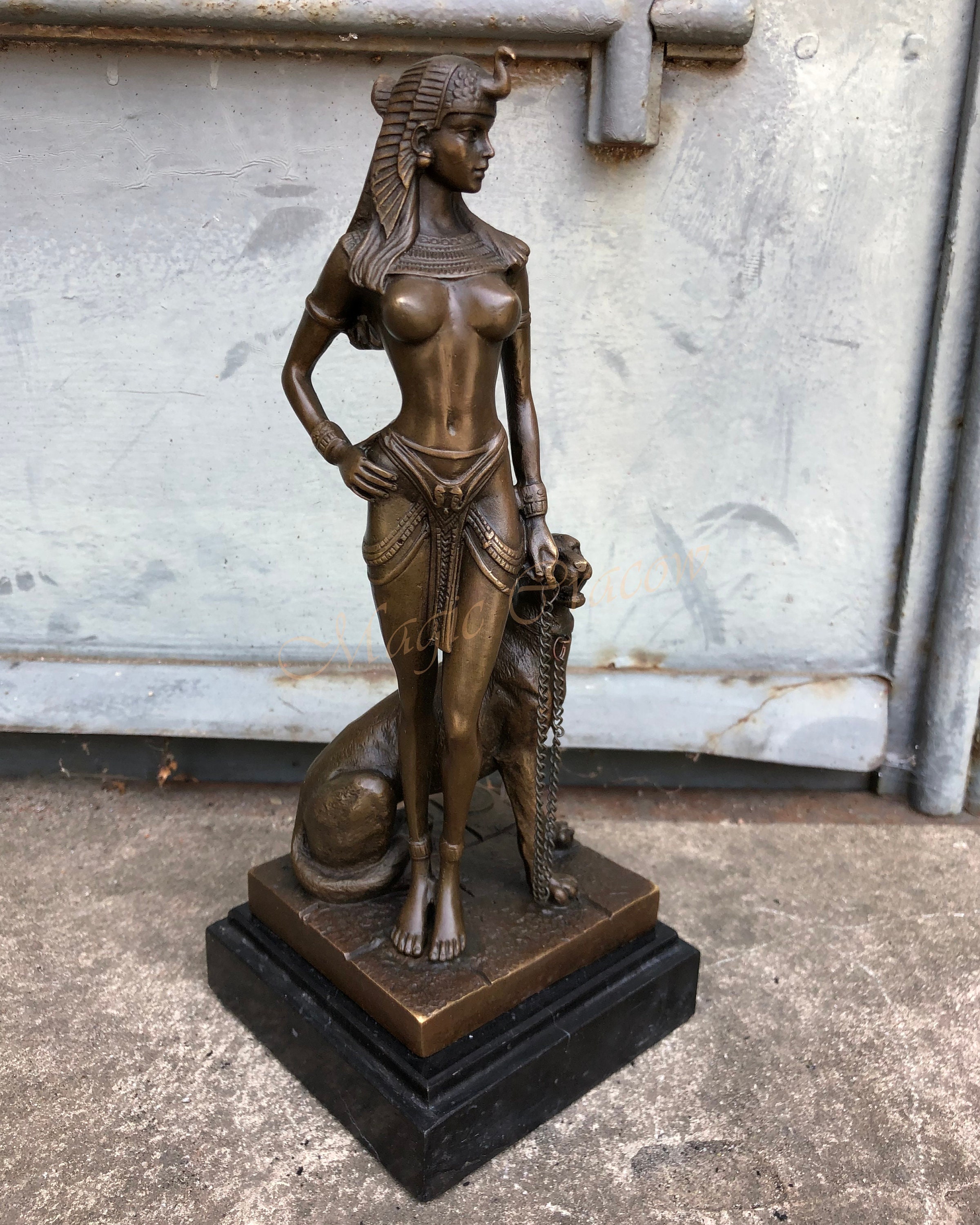 Cleopatra with Panther Bronze Sculpture on Marble Base, Vintage