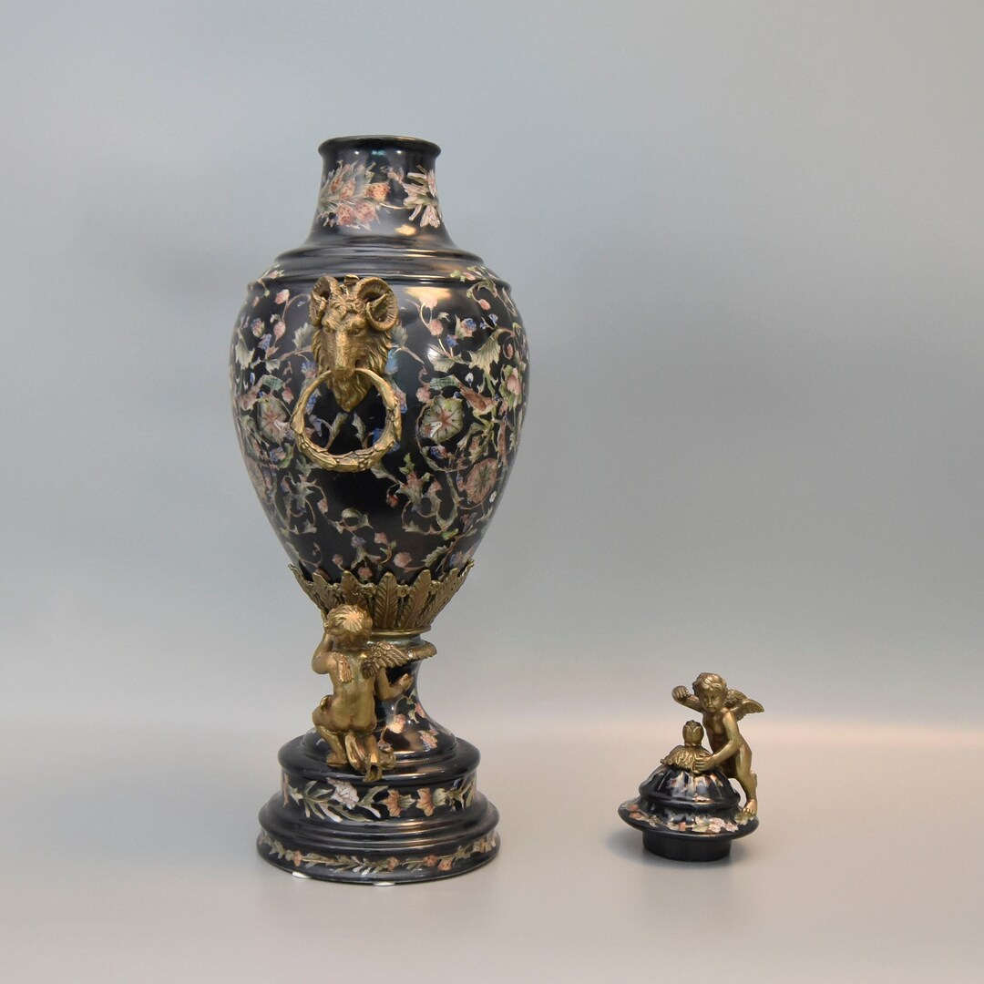 Large Vase With Angels and Floral Motifs, Amazing Bronze Mounted