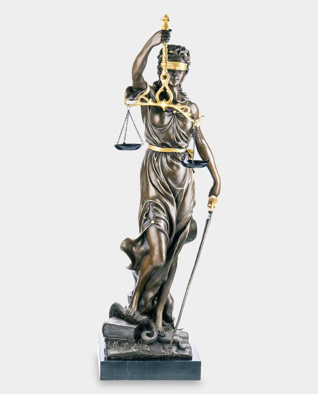 Large Lady Justice With Gold Finish, Bronze Sculpture on Marble Base