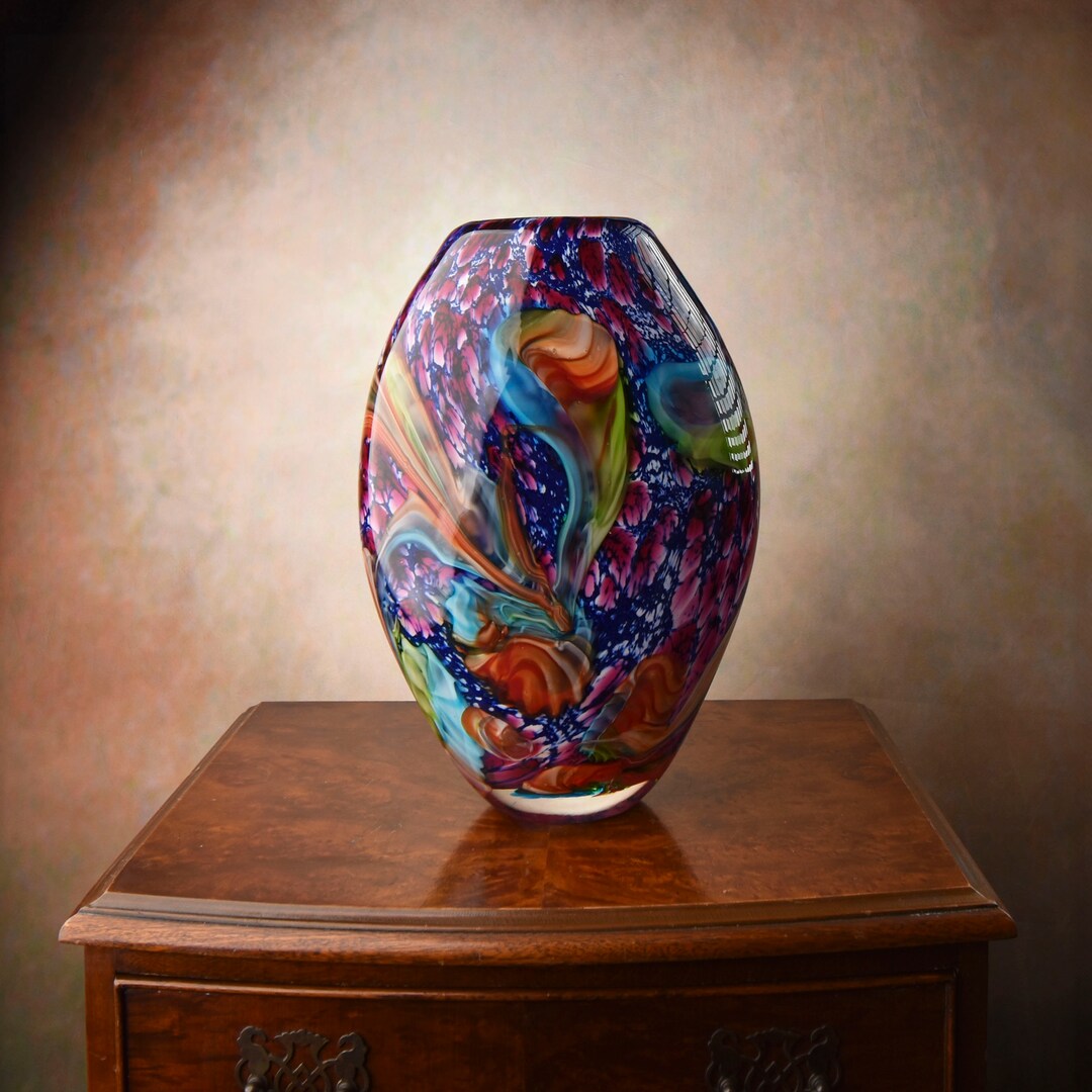 Colorful Muranostyle Rainbow Glass Vase Large Elliptical Italian Art