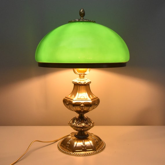 Richly Decorated Art Deco Style Lamp With Gold Look, Polished Brass Lamp,  Green Shade, Desk Lamp, Office, Night Stand Lamp 
