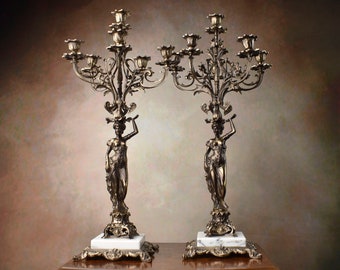 Luxurious Brass Candelabras Set - Five-Branch Design Figural Woman Sculpture - Grand Candle Holders for Five Candles - Elevate Your Decor