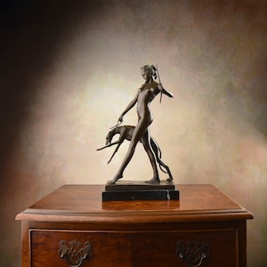 Diana with Greyhound Sculpture, Bronze Vintage Figurine on marble base