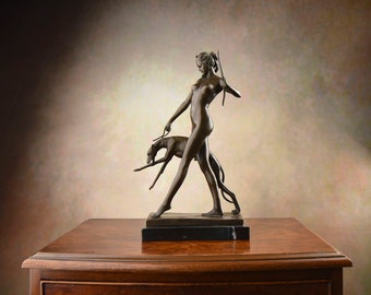Diana with Greyhound Sculpture, Bronze Vintage Figurine on marble base