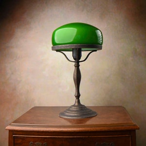 Vintage Art Deco Style Lamp with Emerald Glass Shade - Sophisticated Accent for Desk, Office, or Bedside Table