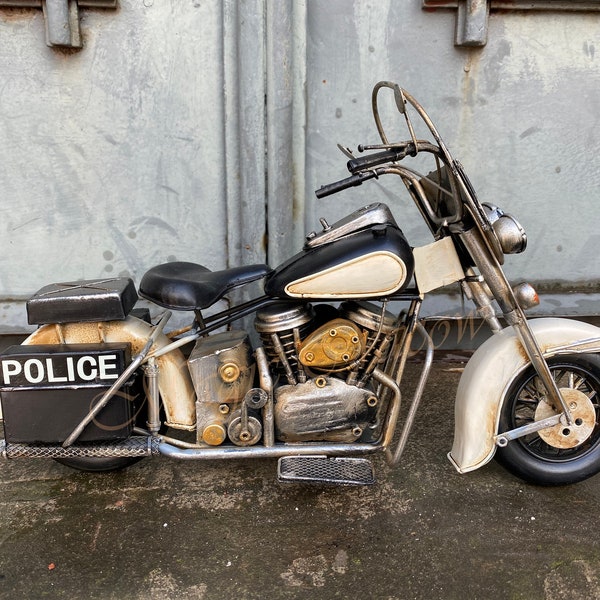 Moto de policía negra, modelo de metal de la vieja escuela, modelo de motocicleta antigua, juguete vintage, artículo de colección, idea de regalo