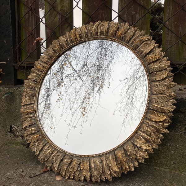 Mirror in Golden Frame with Gold Feathers, Art Deco Mirror, Richly Decorated, Victorian Style, Wall Decor