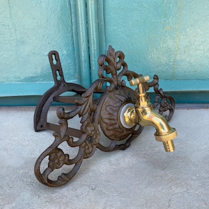 Cast Iron Wall Spout with Brass Tap and Garden Hose Holder, Vintage Home and Garden Decor