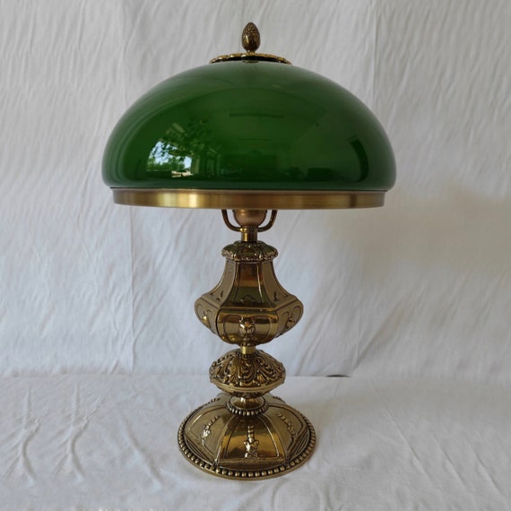 Richly Decorated Art Deco Style Lamp With Gold Look, Polished Brass Lamp,  Green Shade, Desk Lamp, Office, Night Stand Lamp 