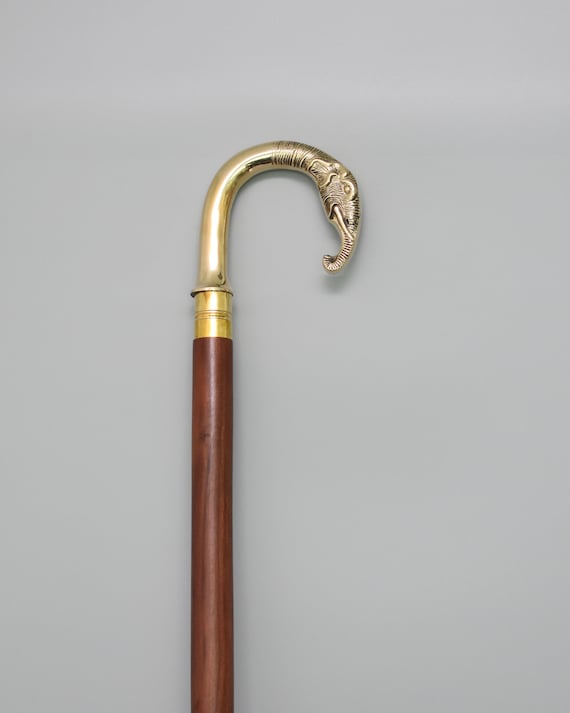 Elephant walking stick, wooden cane, elephant head handle, brass handle